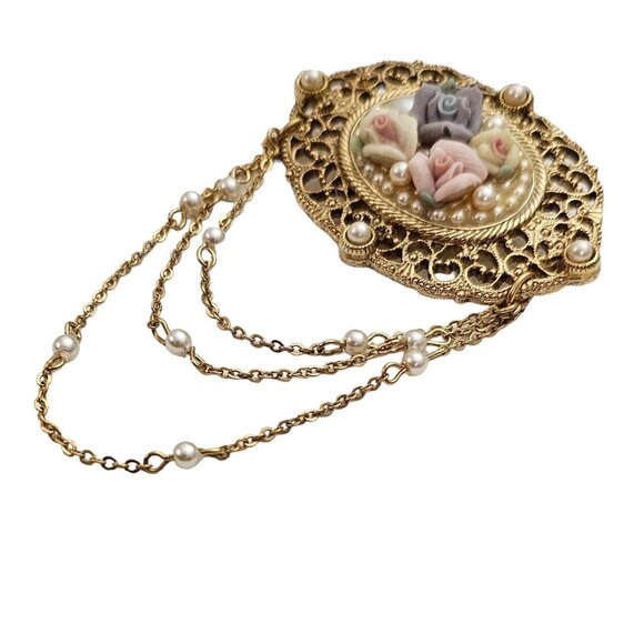 1928 Brand Porcelain Rose Victorian Style Chatelaine Chain Filigree Brooch, L409 - Picture 2 of 8